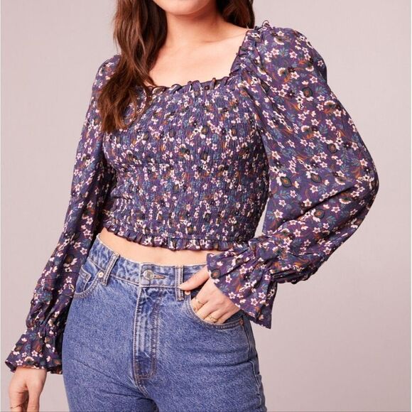 Band of the Free Floral Smocked Long Sleeve Crop Top Small Purple & Ivory - Picture 2 of 10